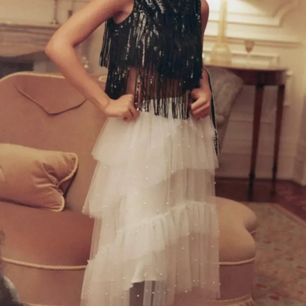 Anthropologie  - PLUS SIZE Maeve Tulle and Pearl Embellished Sheer Skirt